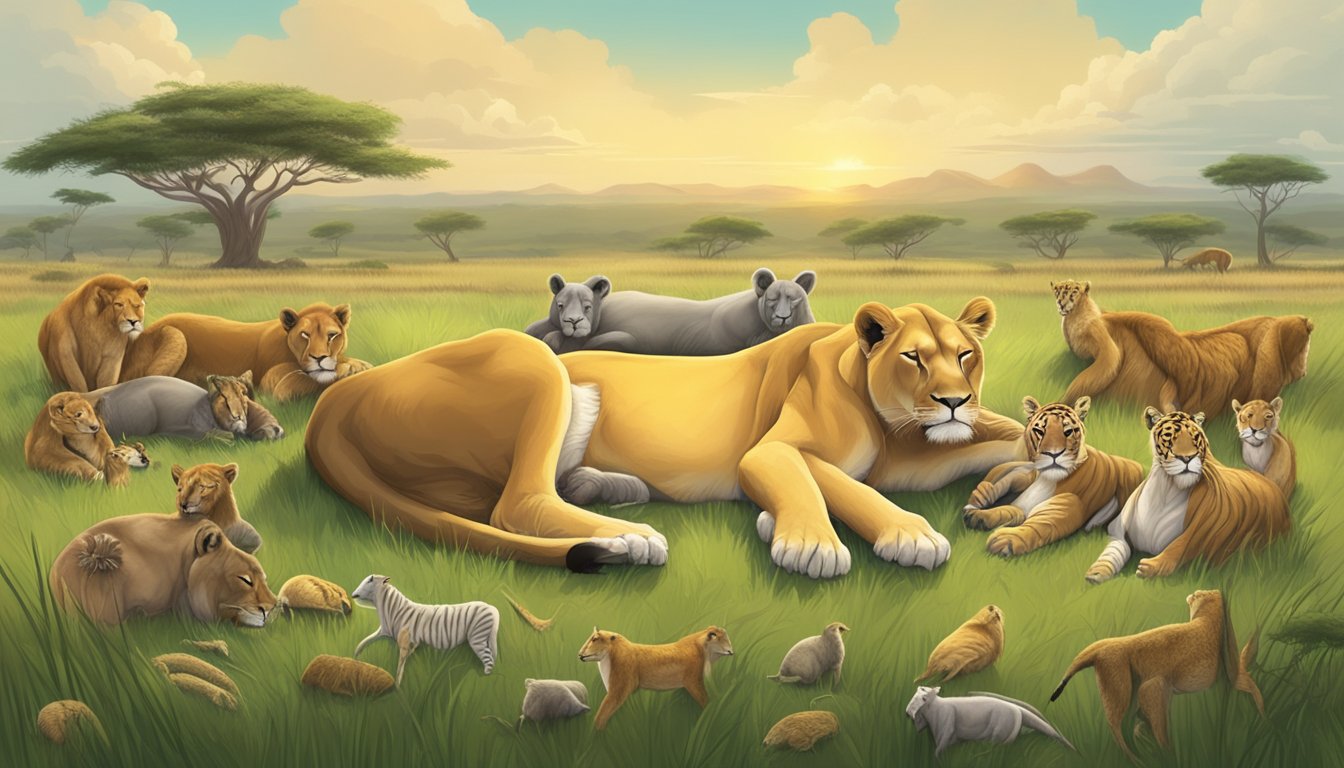 A lioness peacefully sleeping in a grassy savanna, surrounded by seven different types of carnivorous animals