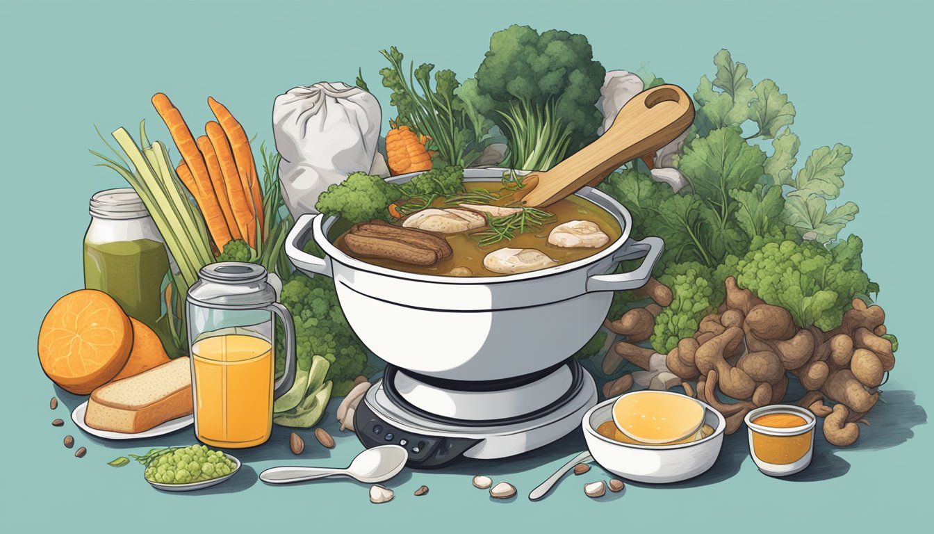 A simmering pot of bone broth surrounded by various carnivorous foods and a set of athletic gear