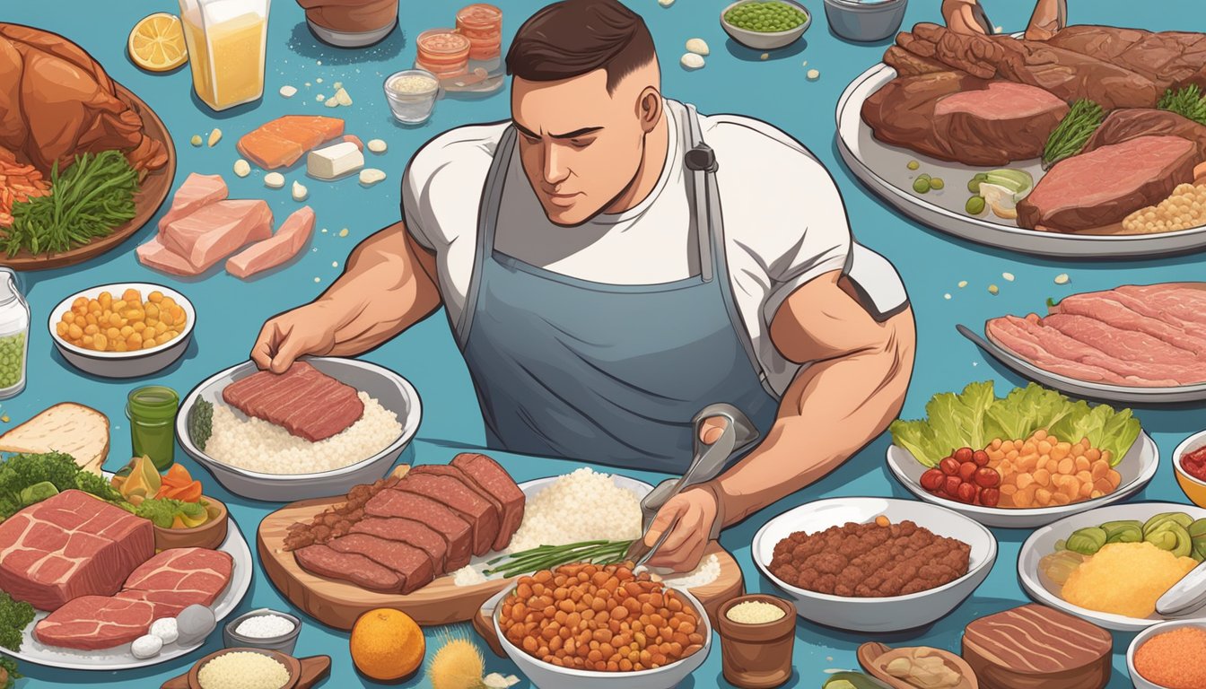 A carnivorous athlete sprinkles quality salt onto a plate of meat, surrounded by various other nutrient-rich foods