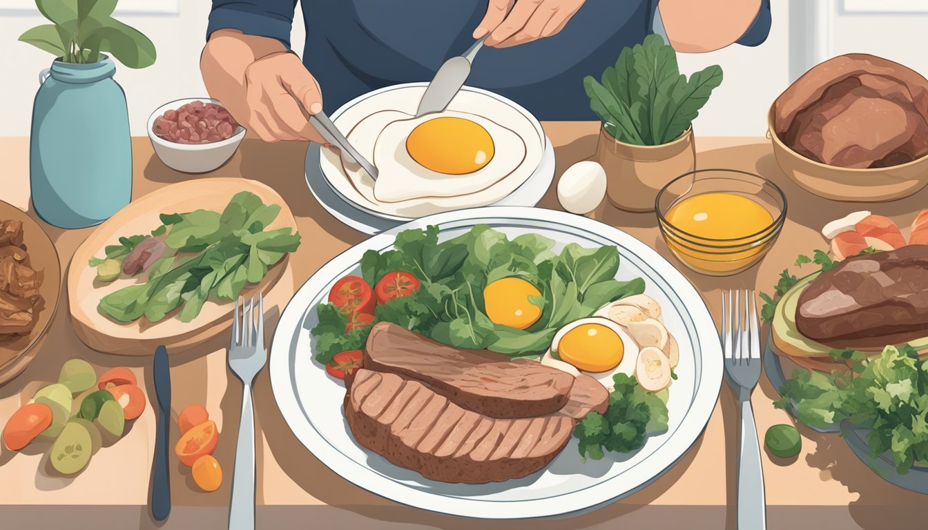 A table spread with various meats, eggs, and minimal plant-based foods. A person preparing to exercise in the background