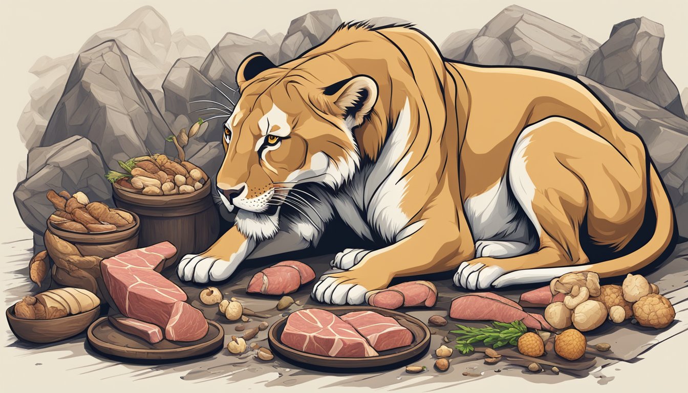 A muscular lioness confidently devouring a fresh kill, surrounded by a variety of raw meats and bones