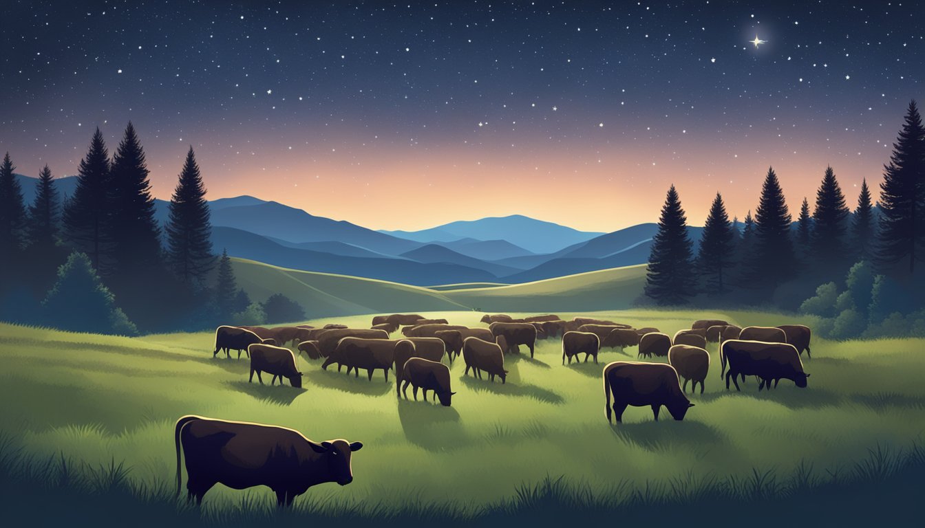 A serene nighttime landscape with a grazing herd of grass-fed beef under a starry sky