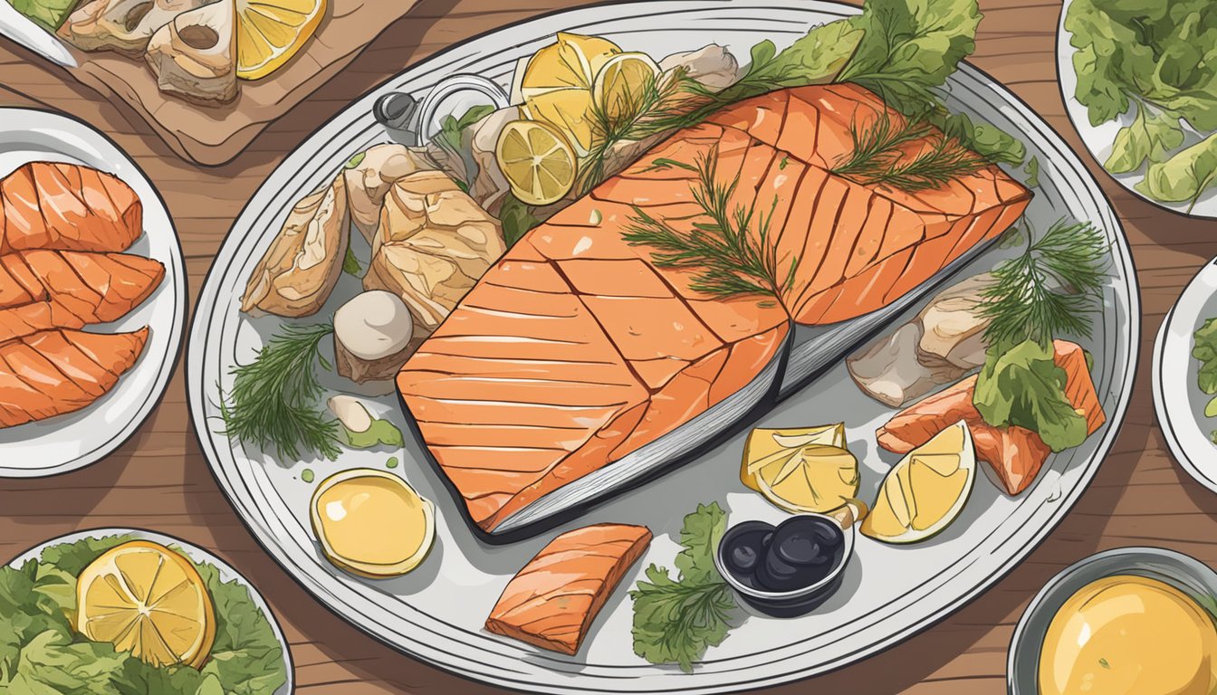 A plate of grilled salmon surrounded by various types of fatty fish, with a list of "7 carnivore diet tips for better immune health" displayed nearby