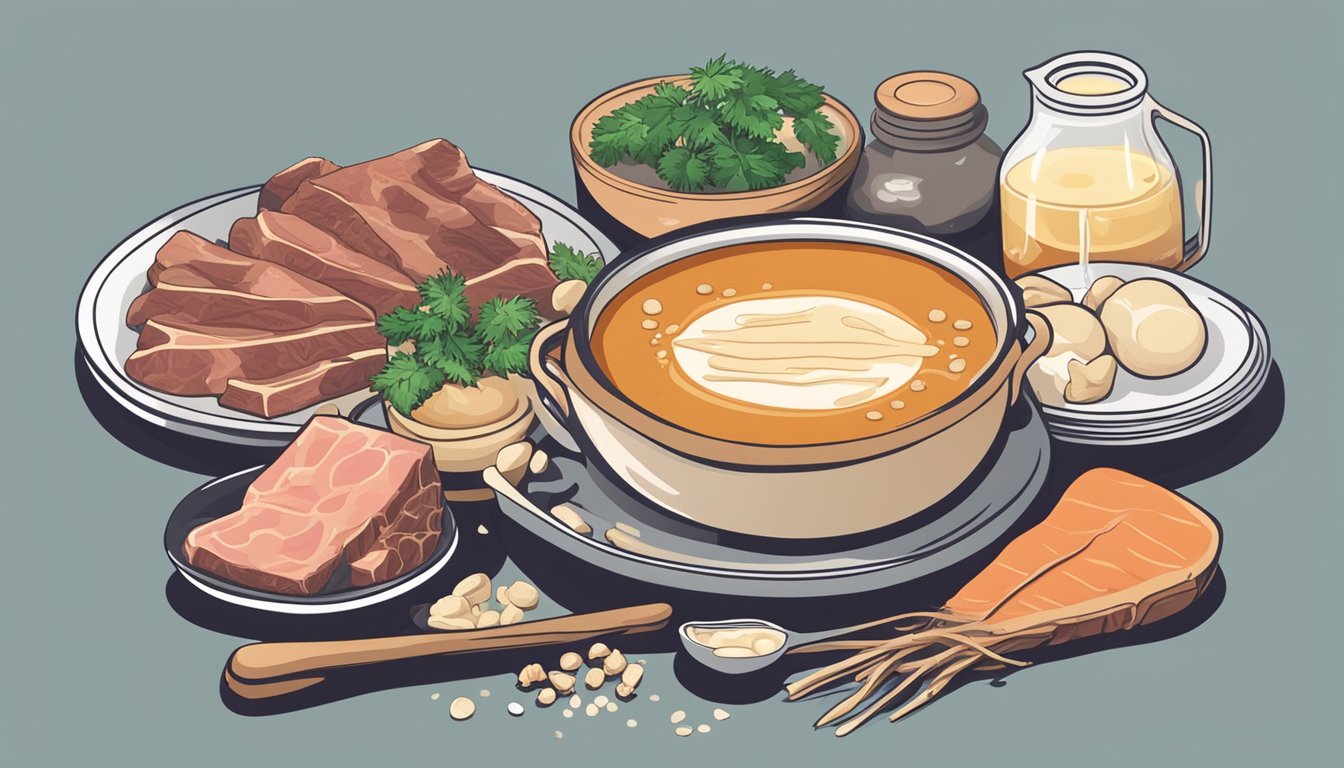 A simmering pot of bone broth surrounded by various raw meats and bones, with a bowl of collagen powder and amino acid supplements nearby