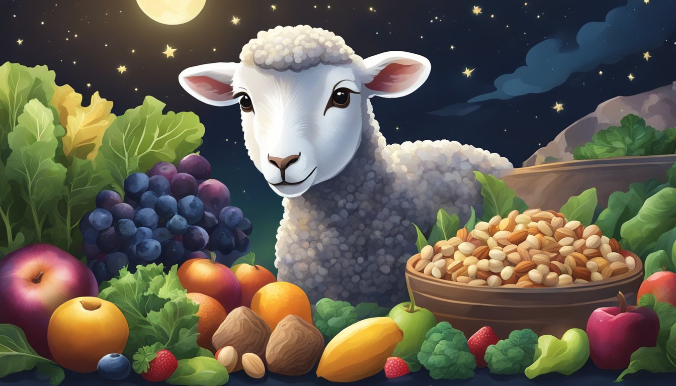 A lamb surrounded by a variety of nutrient-rich foods, such as leafy greens, fruits, and nuts, with a peaceful nighttime setting in the background