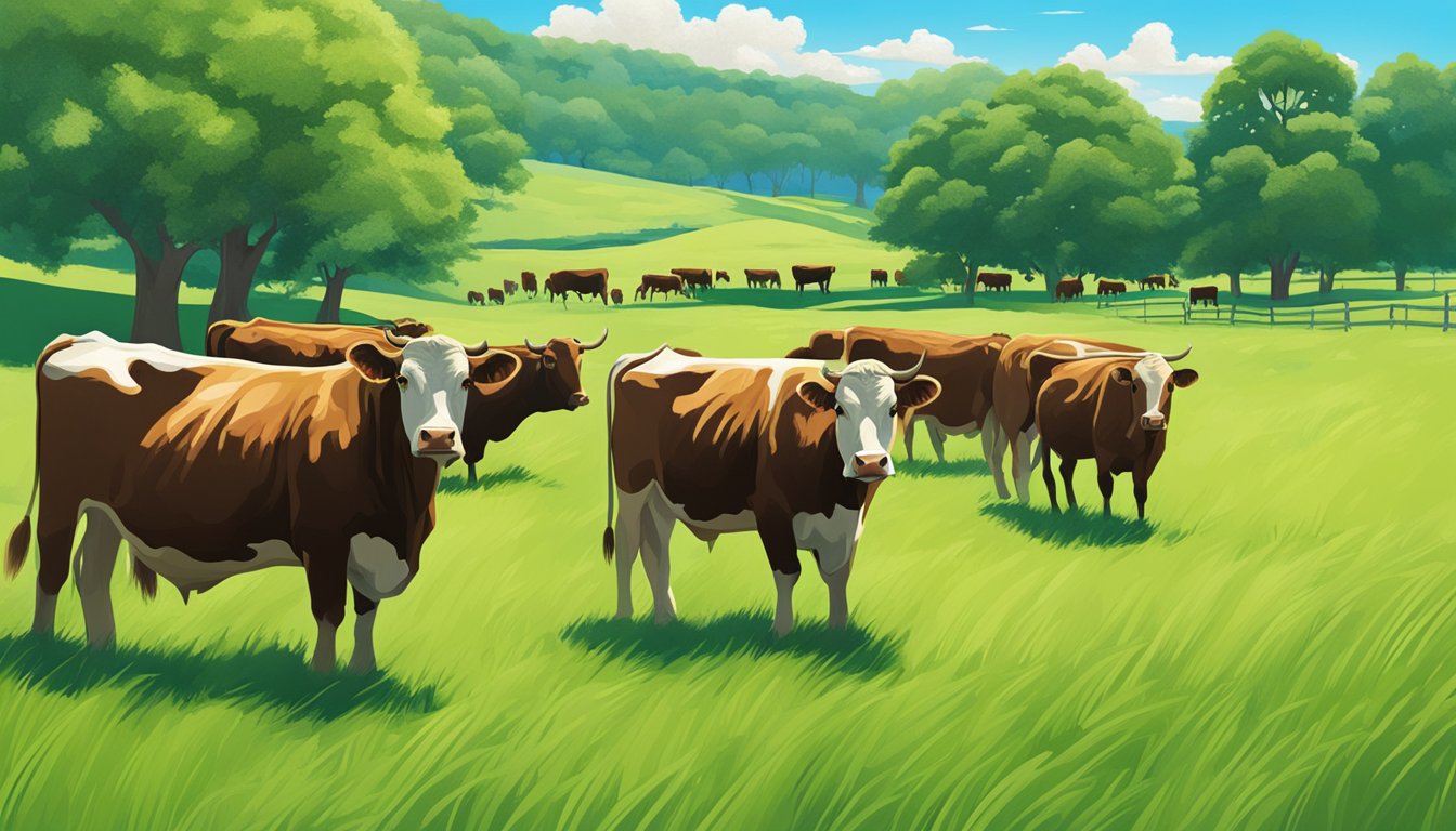 A lush green pasture with a herd of grazing grass-fed beef cattle under a bright blue sky