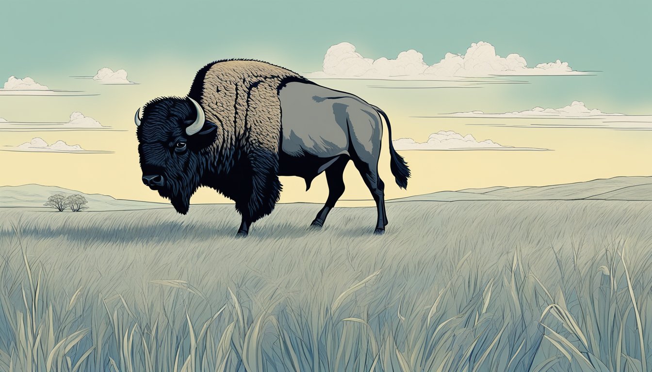 A bison grazing peacefully in a grassy field, with a clear blue sky overhead and a sense of tranquility in the air