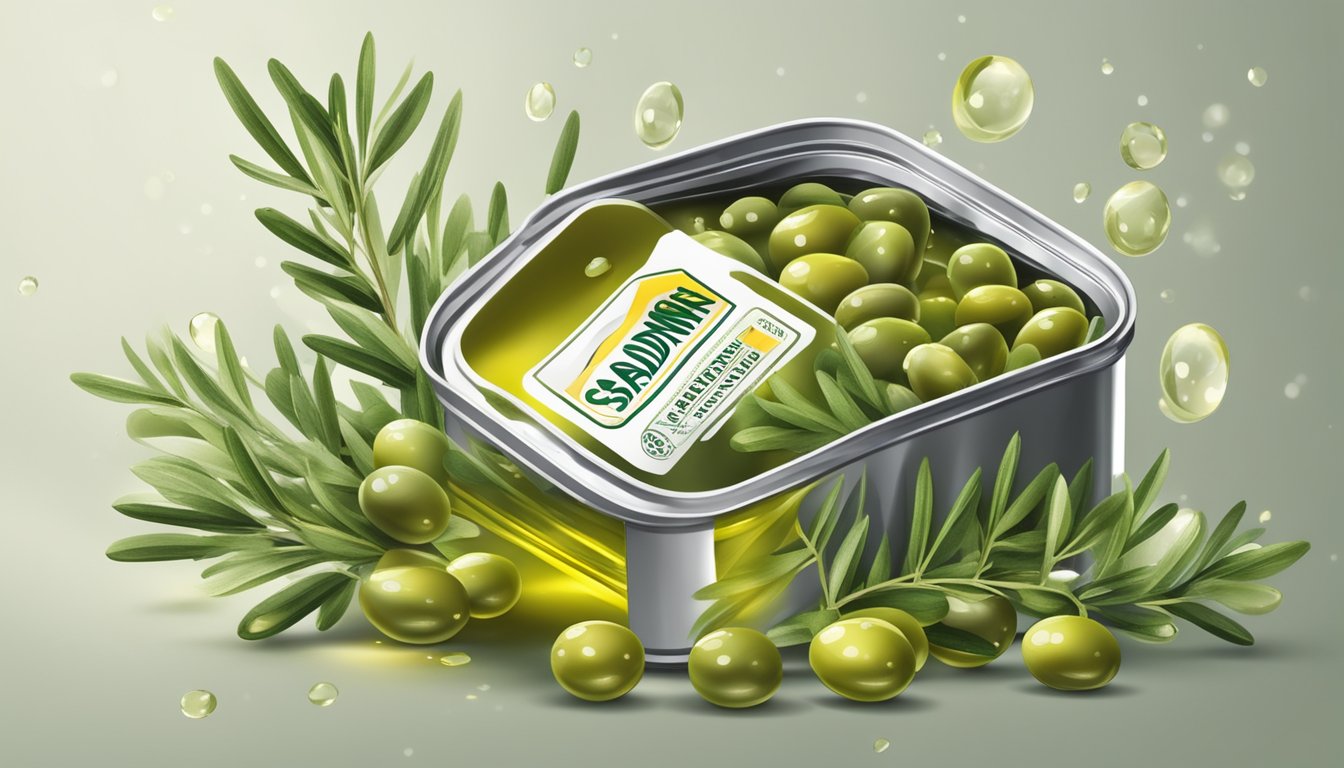 A can of sardines surrounded by vibrant green olive branches and glistening droplets of olive oil