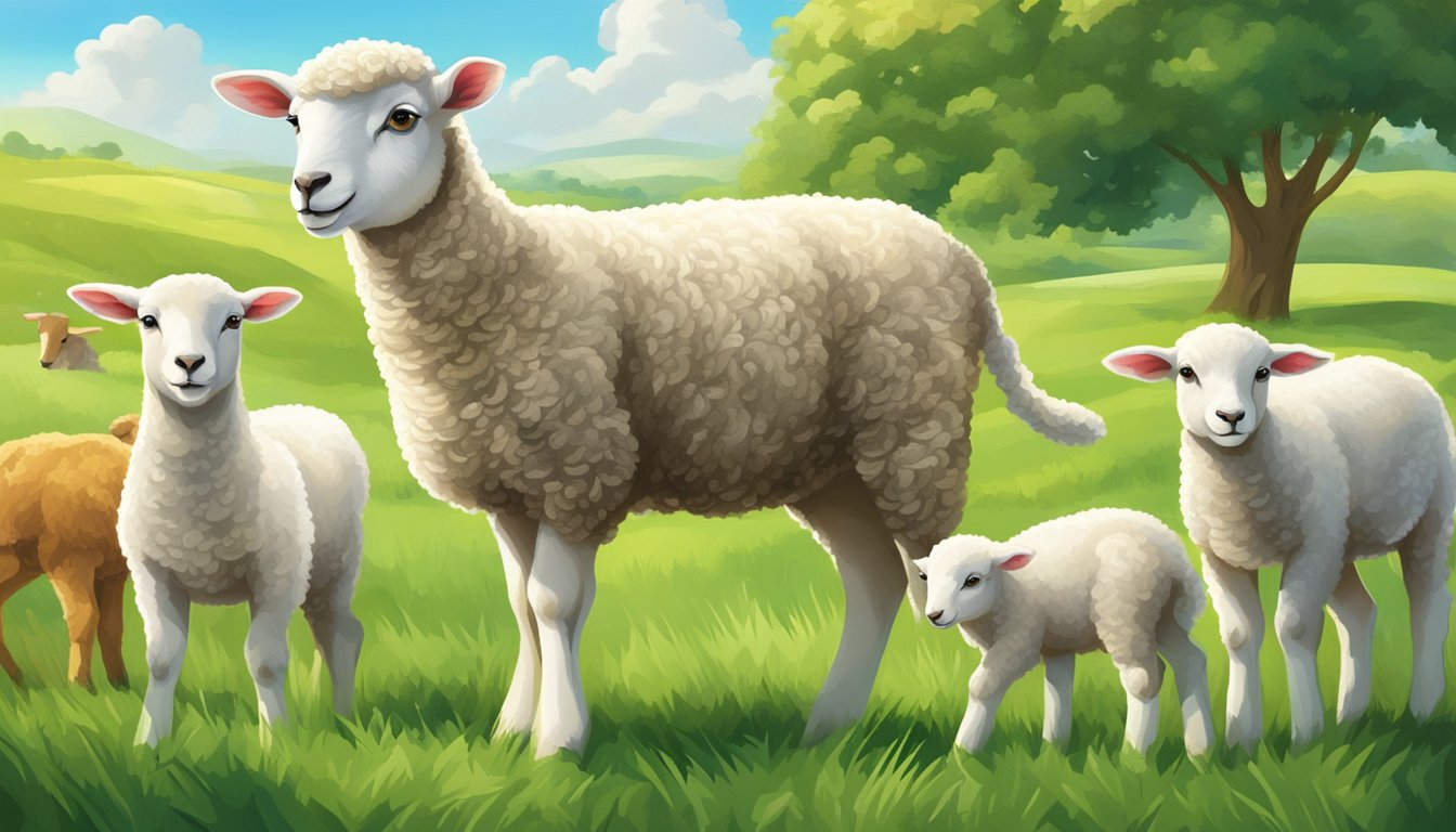 A majestic lamb standing proudly in a lush green pasture, surrounded by other healthy and vibrant animals