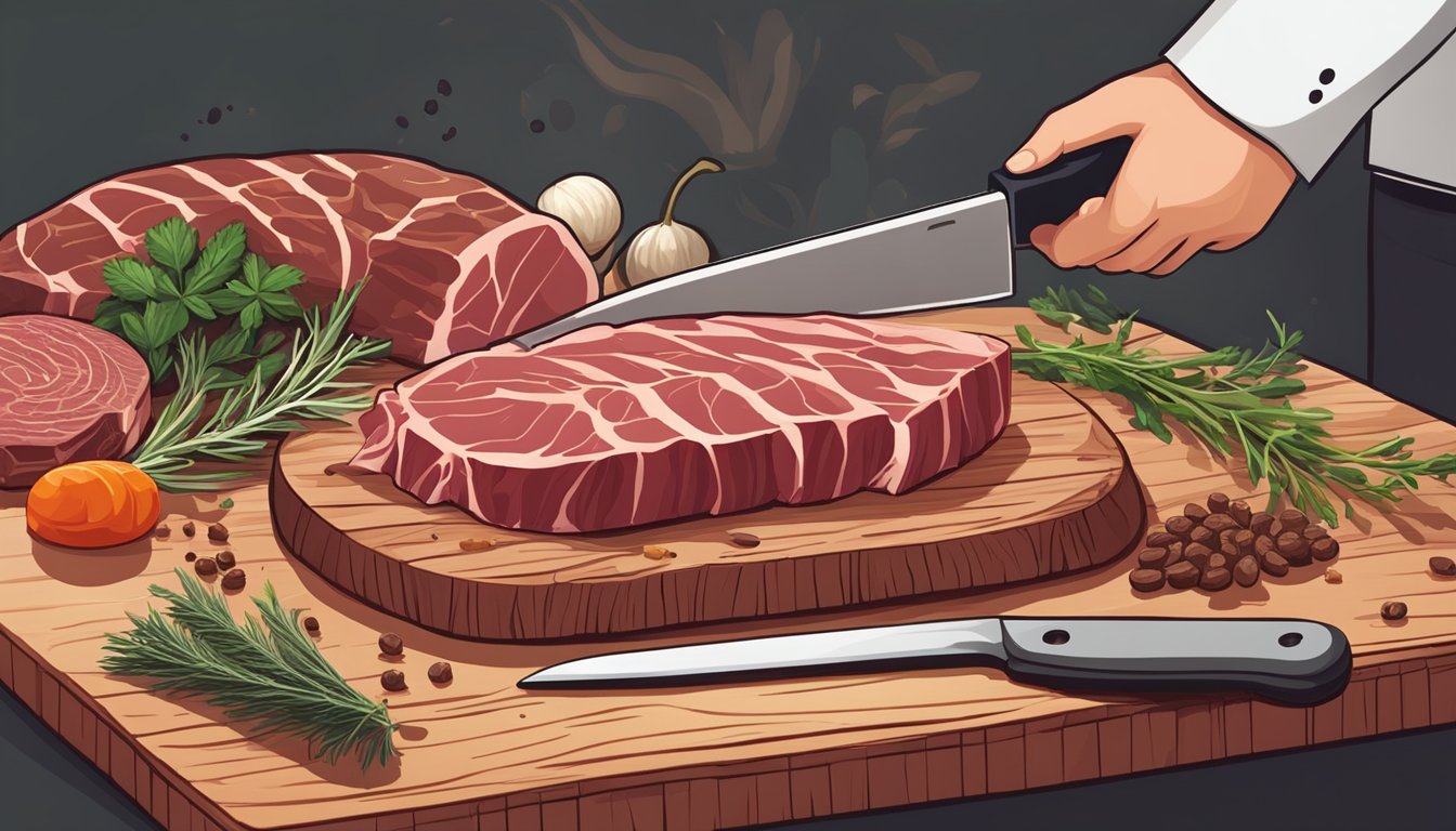 A variety of meat cuts arranged on a wooden cutting board, surrounded by herbs and spices. A chef's knife is poised to slice through a thick ribeye steak