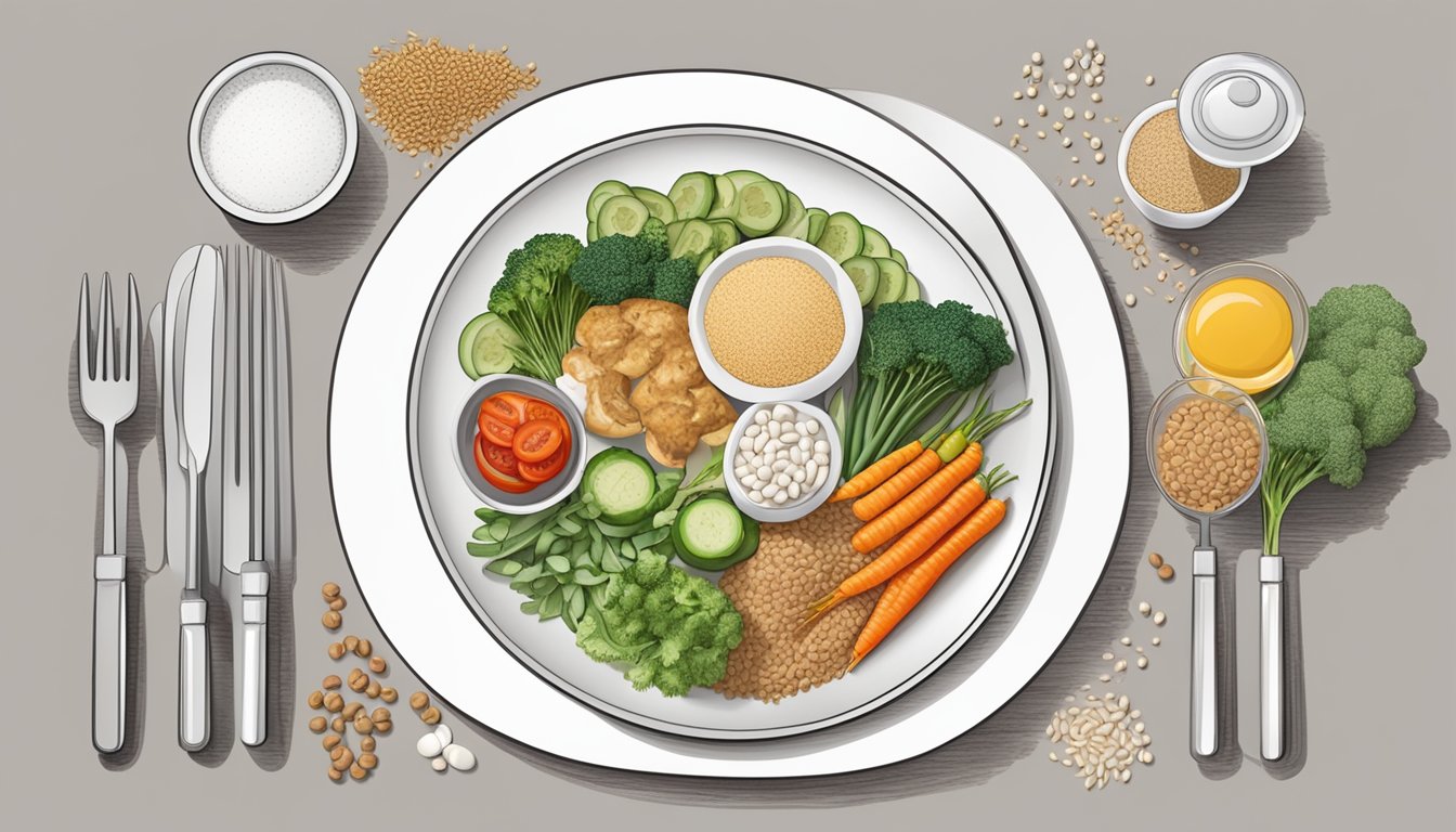 A dinner plate with equal portions of lean protein, vegetables, and whole grains, surrounded by measuring cups and spoons