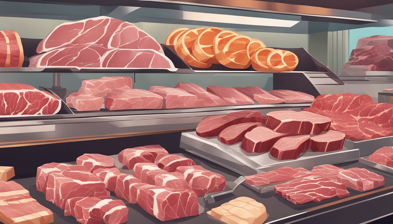 A butcher slicing thick, marbled cuts of meat with a variety of fatty options on display