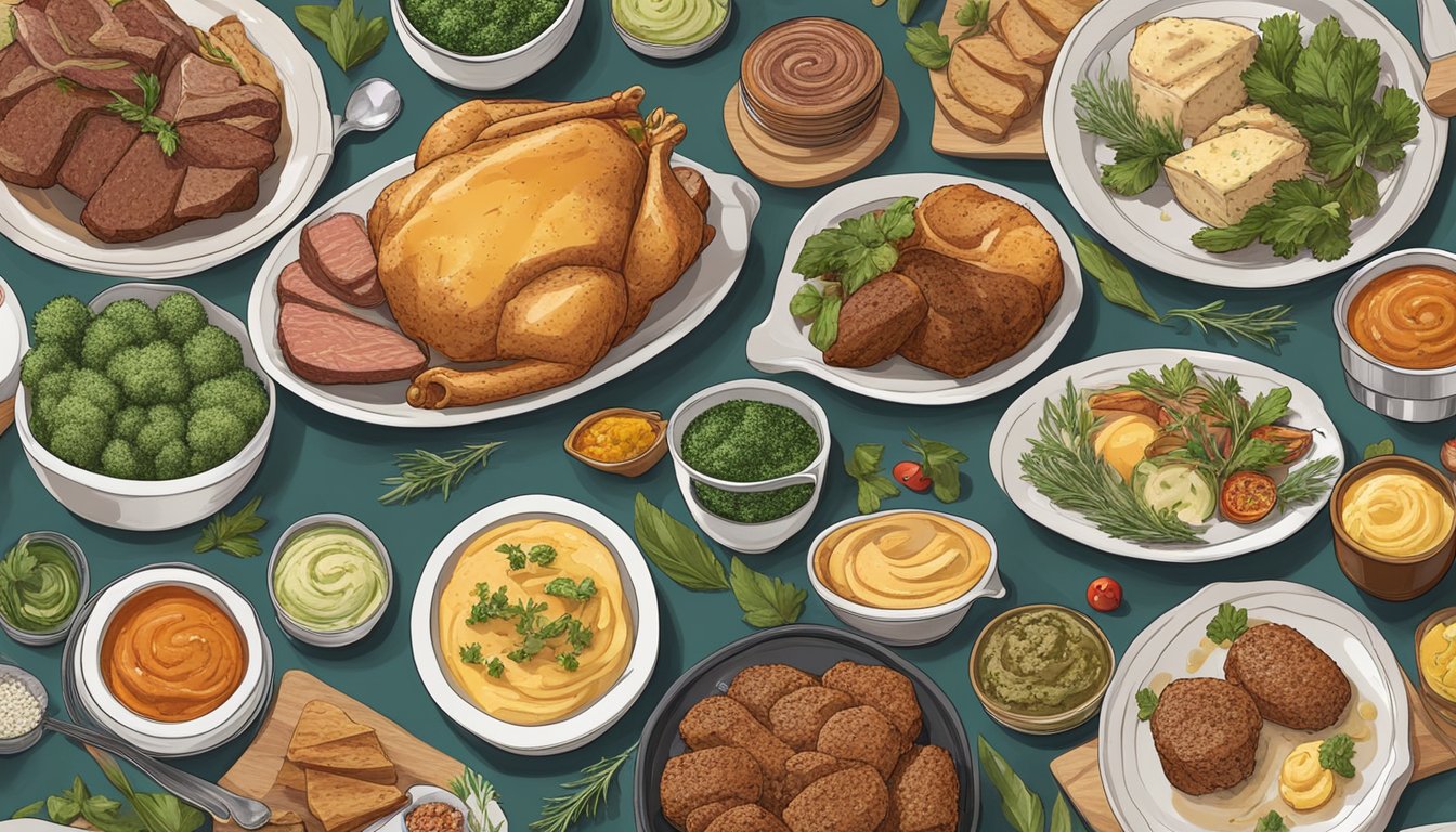 A variety of meat dishes surrounded by different flavored herb-infused butters, each with unique ingredients and colors, adding a pop of flavor and visual interest to the meals