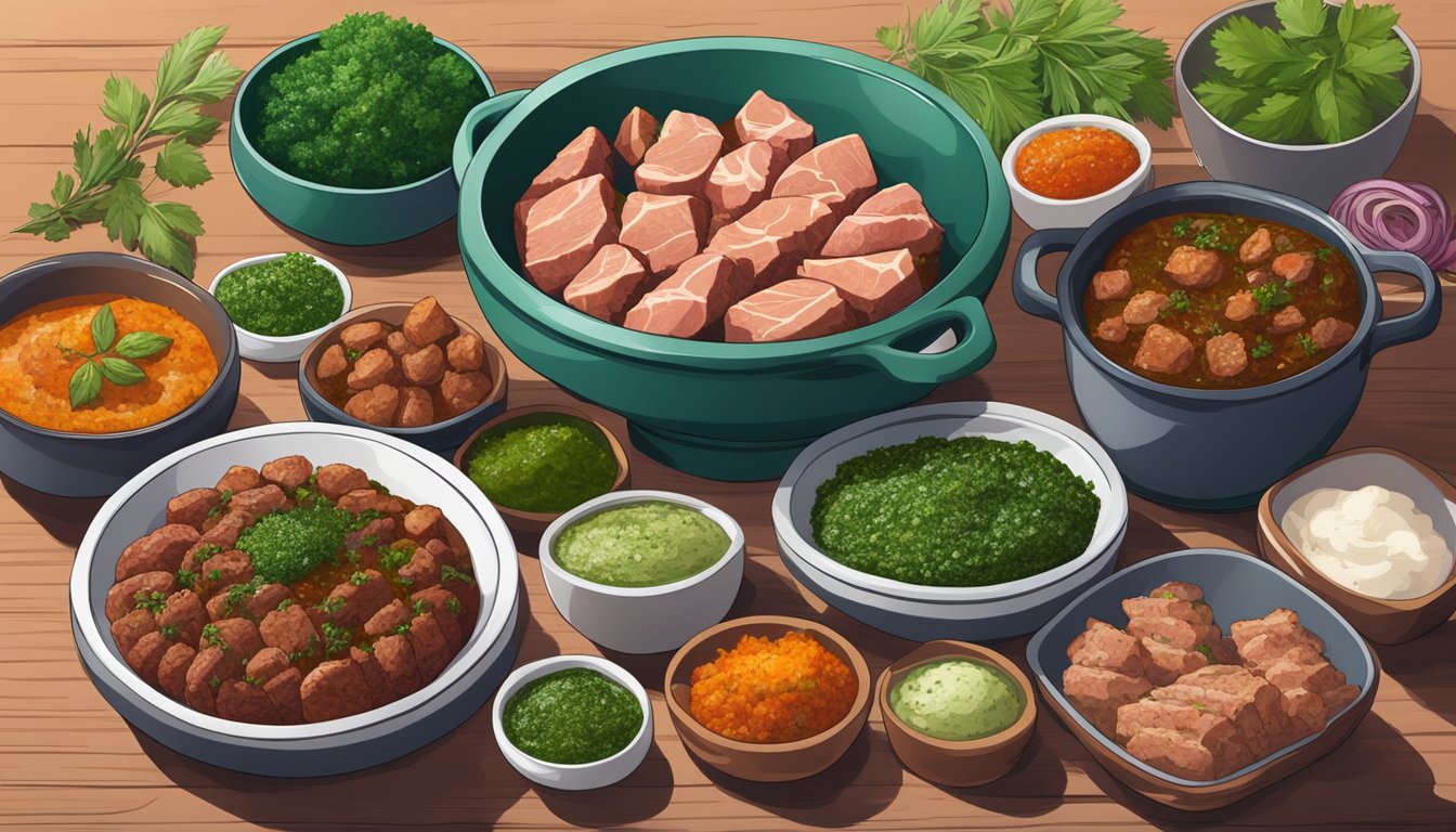 A table set with various dishes of meat and bowls of chunky chimichurri sauce, surrounded by vibrant spices and herbs