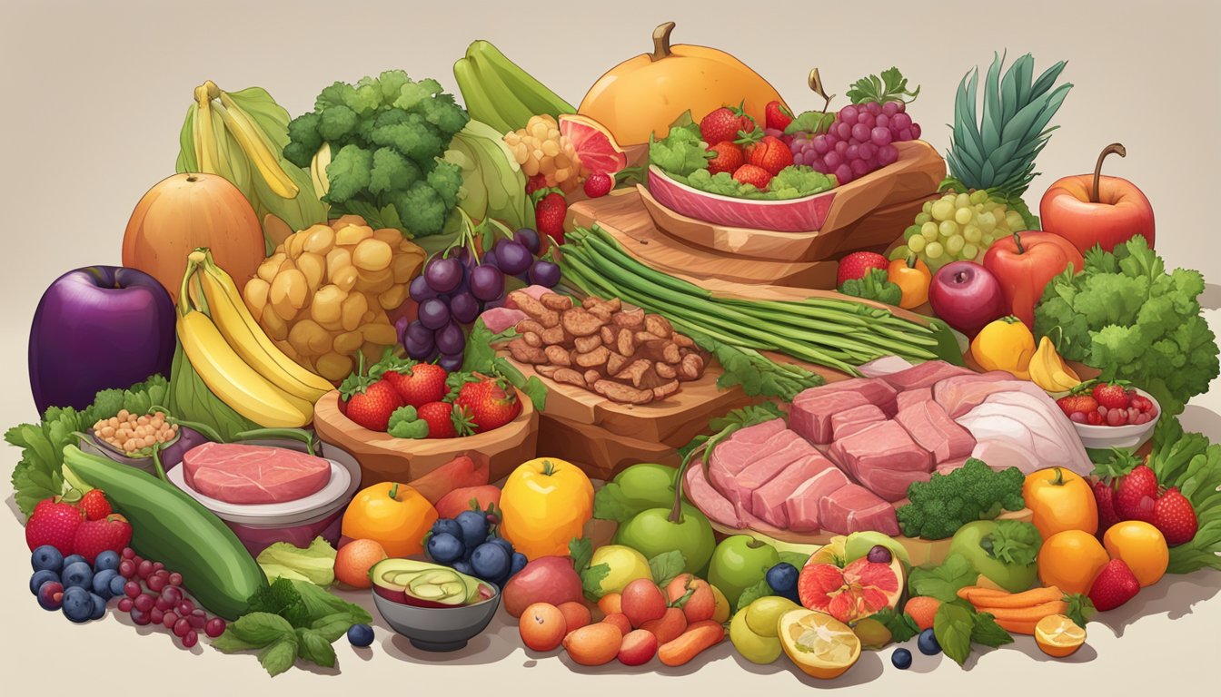 A carnivore feast spread with various organ meats, surrounded by colorful fruits and vegetables