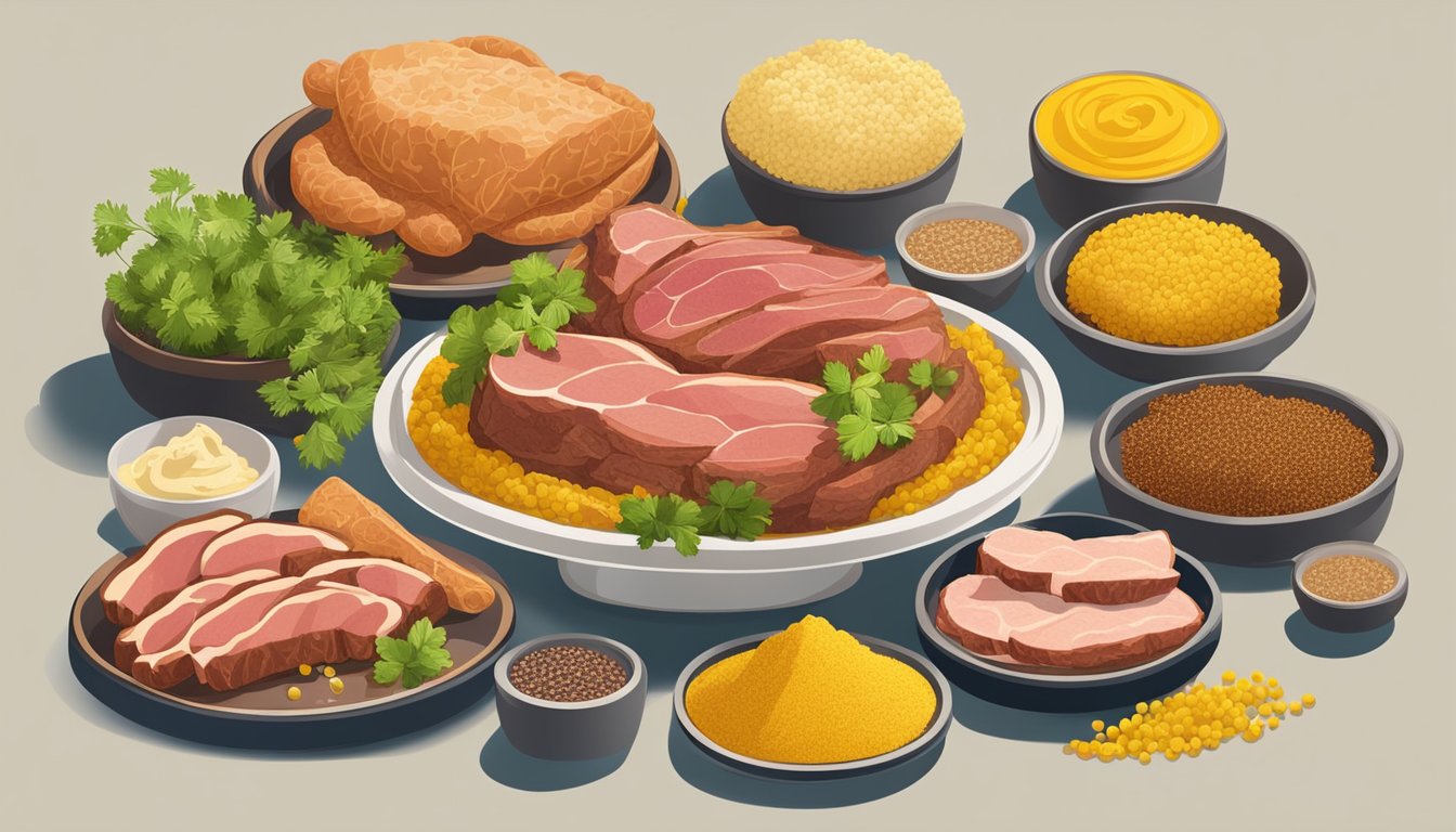 A variety of meats surrounded by vibrant mustard and herb crusts, arranged in an inviting display