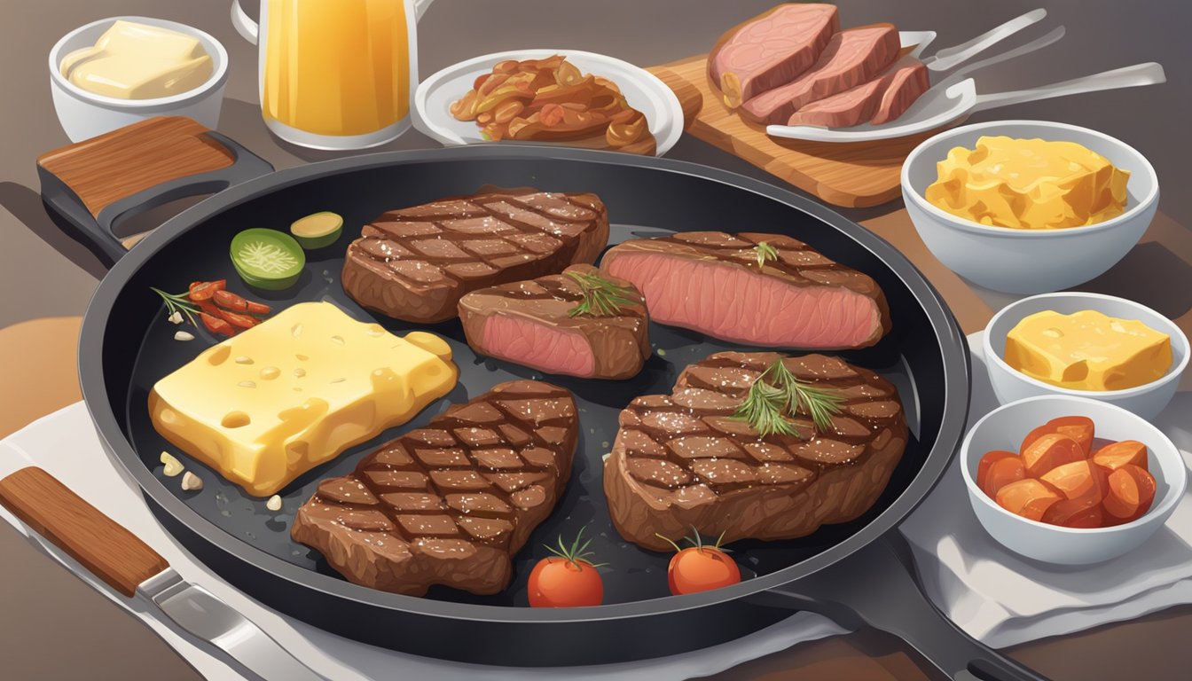 A sizzling pan with a pat of butter melting over a juicy steak, surrounded by various meats and animal products