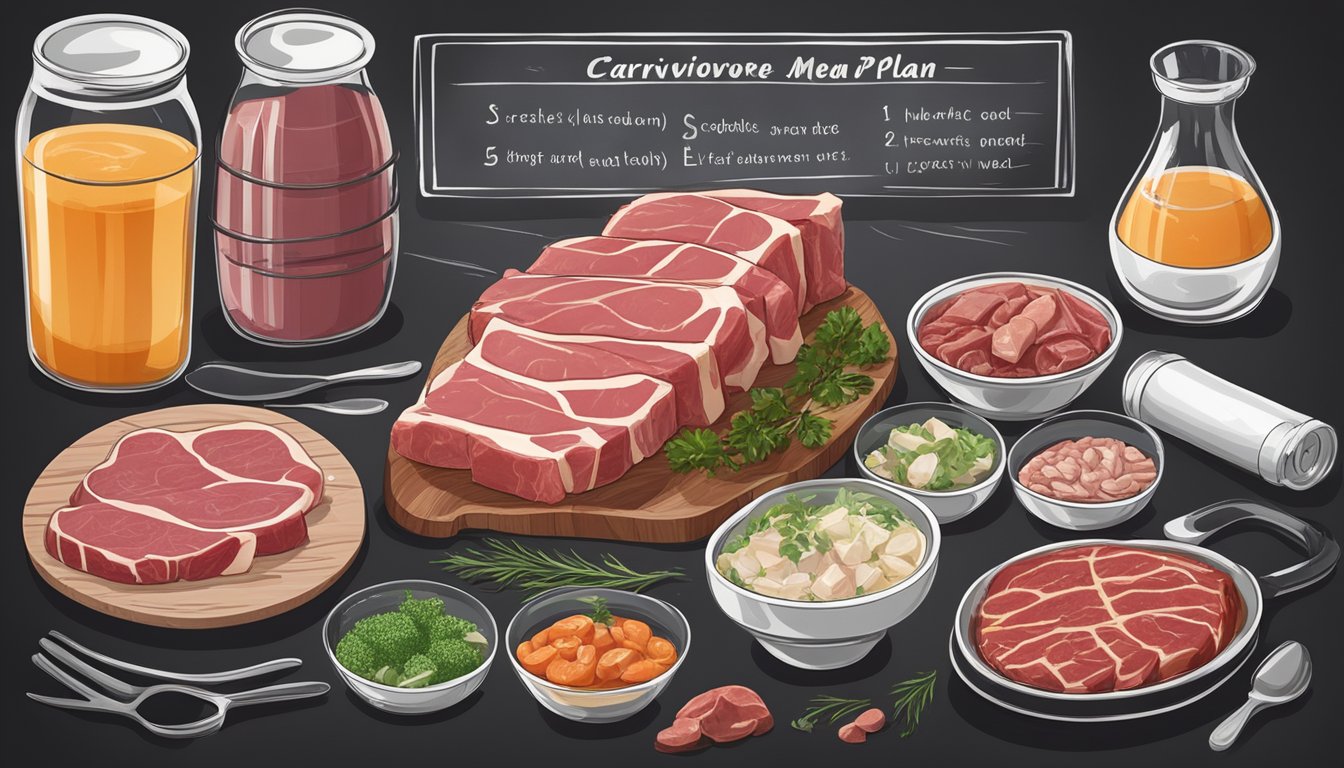 A table set with various cuts of raw meat, bone broth, and organ meats. A carnivore meal plan with tips written on a chalkboard in the background