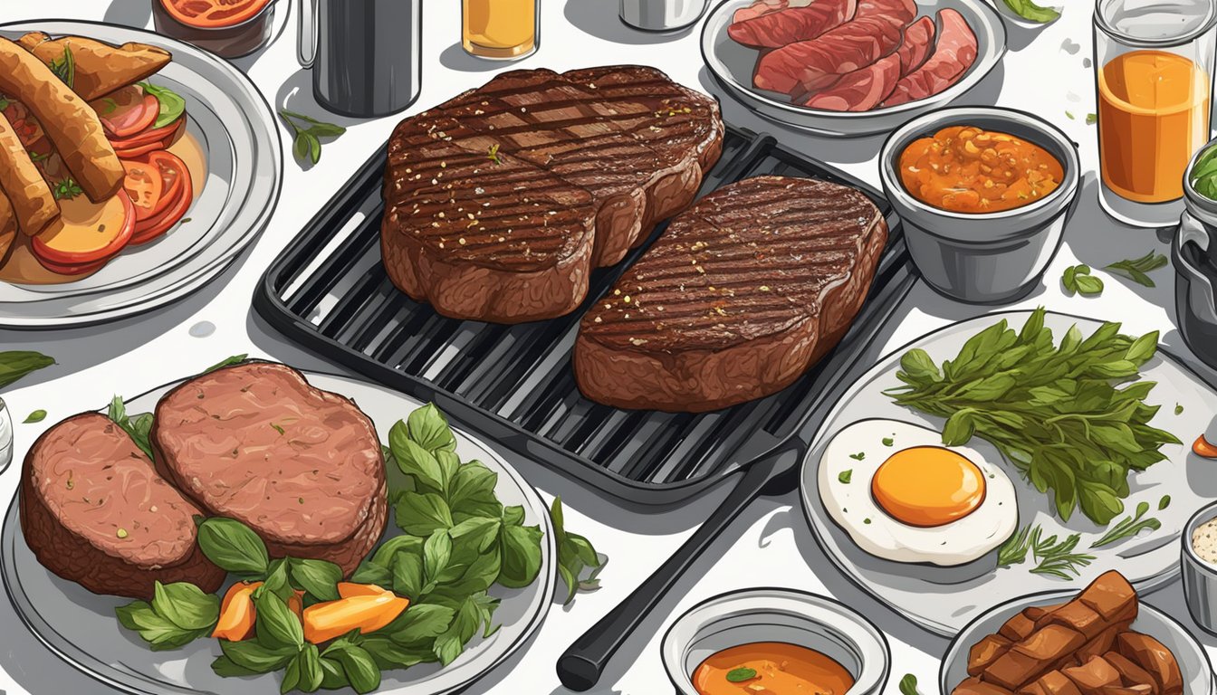 A sizzling steak on a grill, surrounded by fresh herbs and spices. A plate of juicy burgers and a platter of assorted meats. A carnivore's dream spread