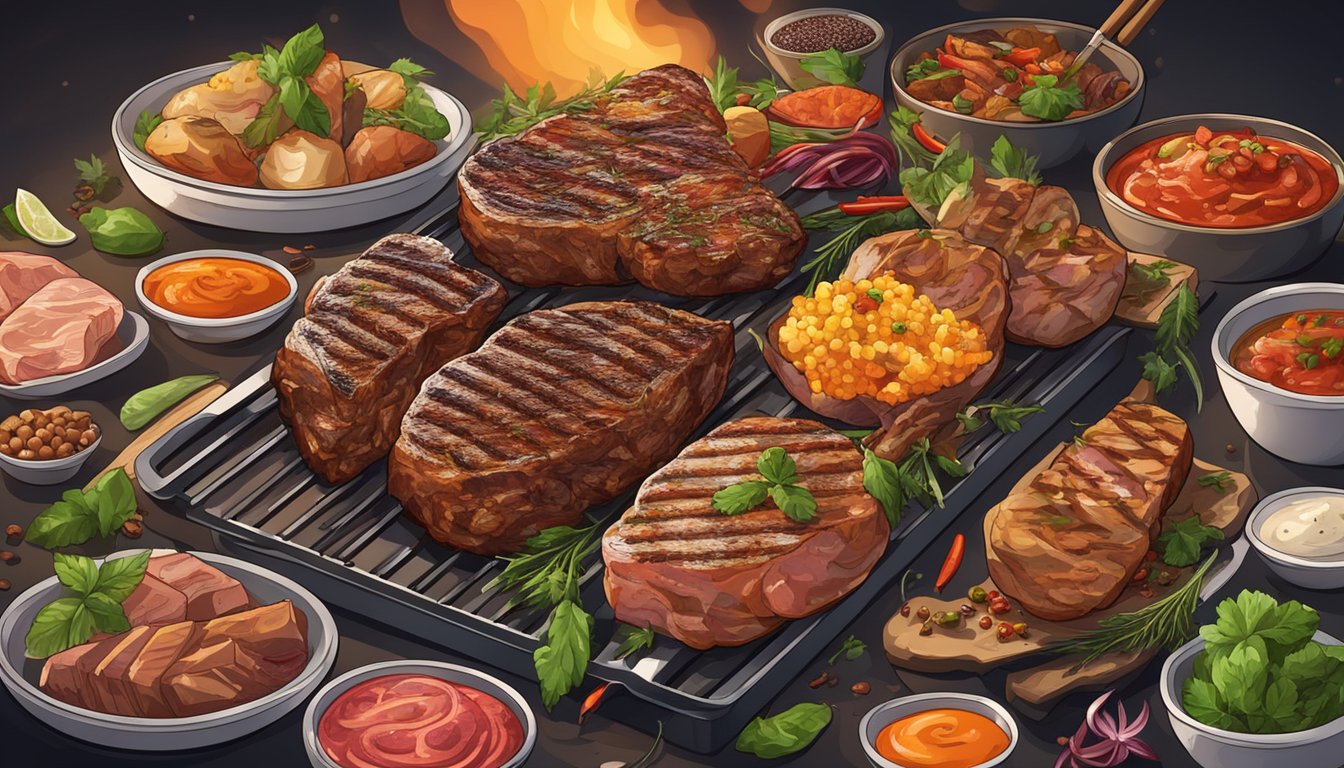 A sizzling grill with various cuts of meat, surrounded by an array of spices, herbs, and sauces, creating a visually appealing and appetizing scene