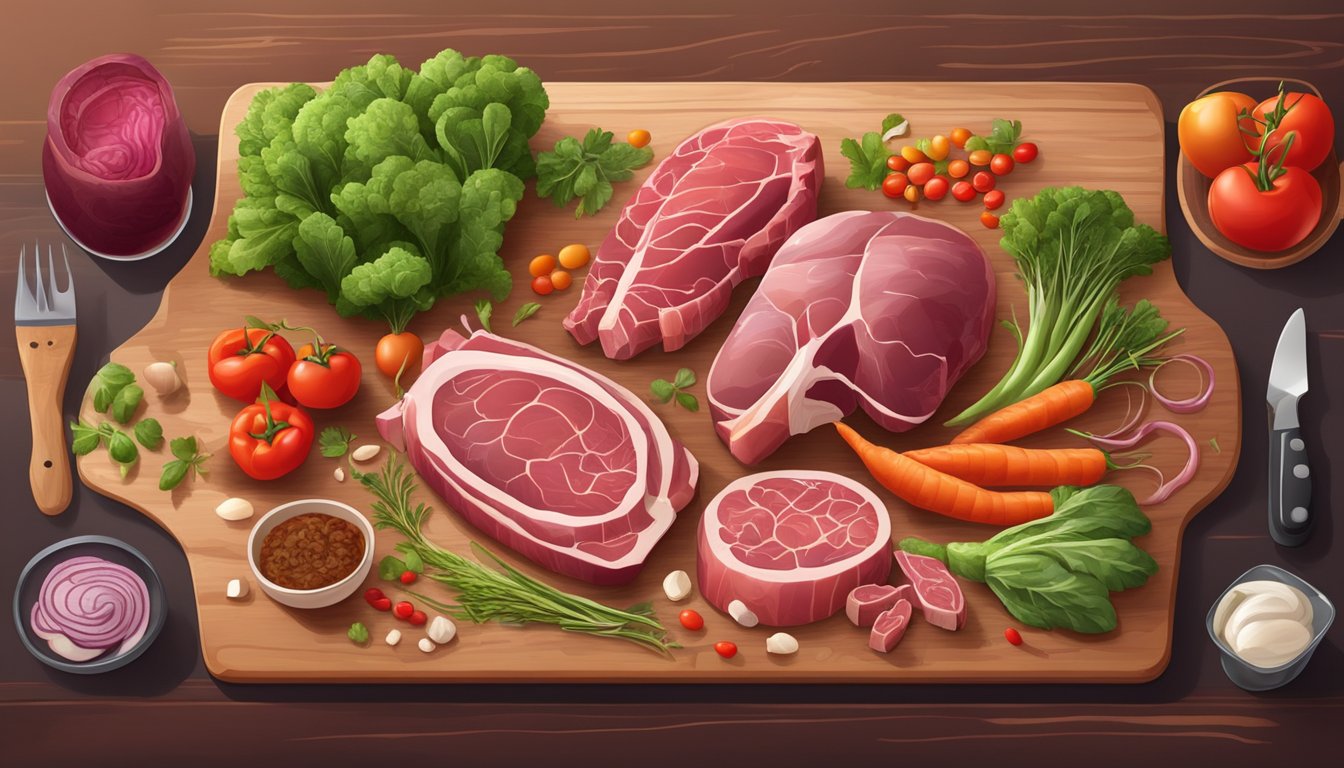 A variety of organ meats arranged on a cutting board with vibrant vegetables and herbs, surrounded by images of healthy hearts and blood vessels