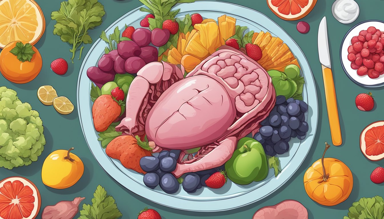 A variety of organ meats arranged on a plate, surrounded by colorful fruits and vegetables, with a brain-shaped object in the center