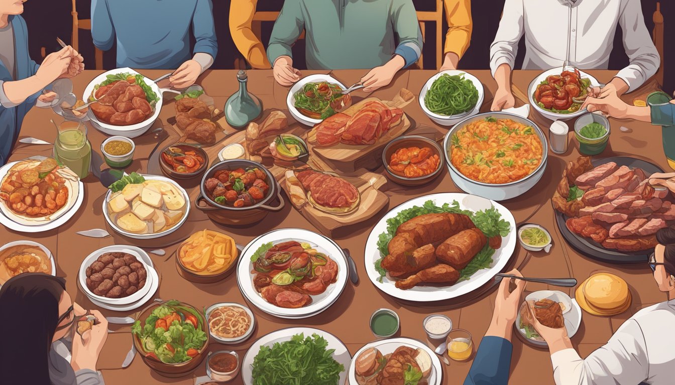 A table filled with various meat dishes, surrounded by people chatting and enjoying the food