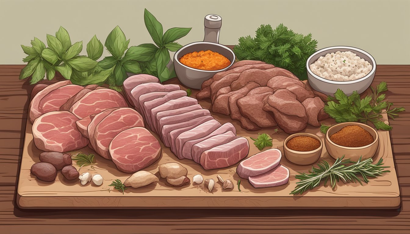 A variety of organ meats laid out on a wooden cutting board, surrounded by fresh herbs and spices