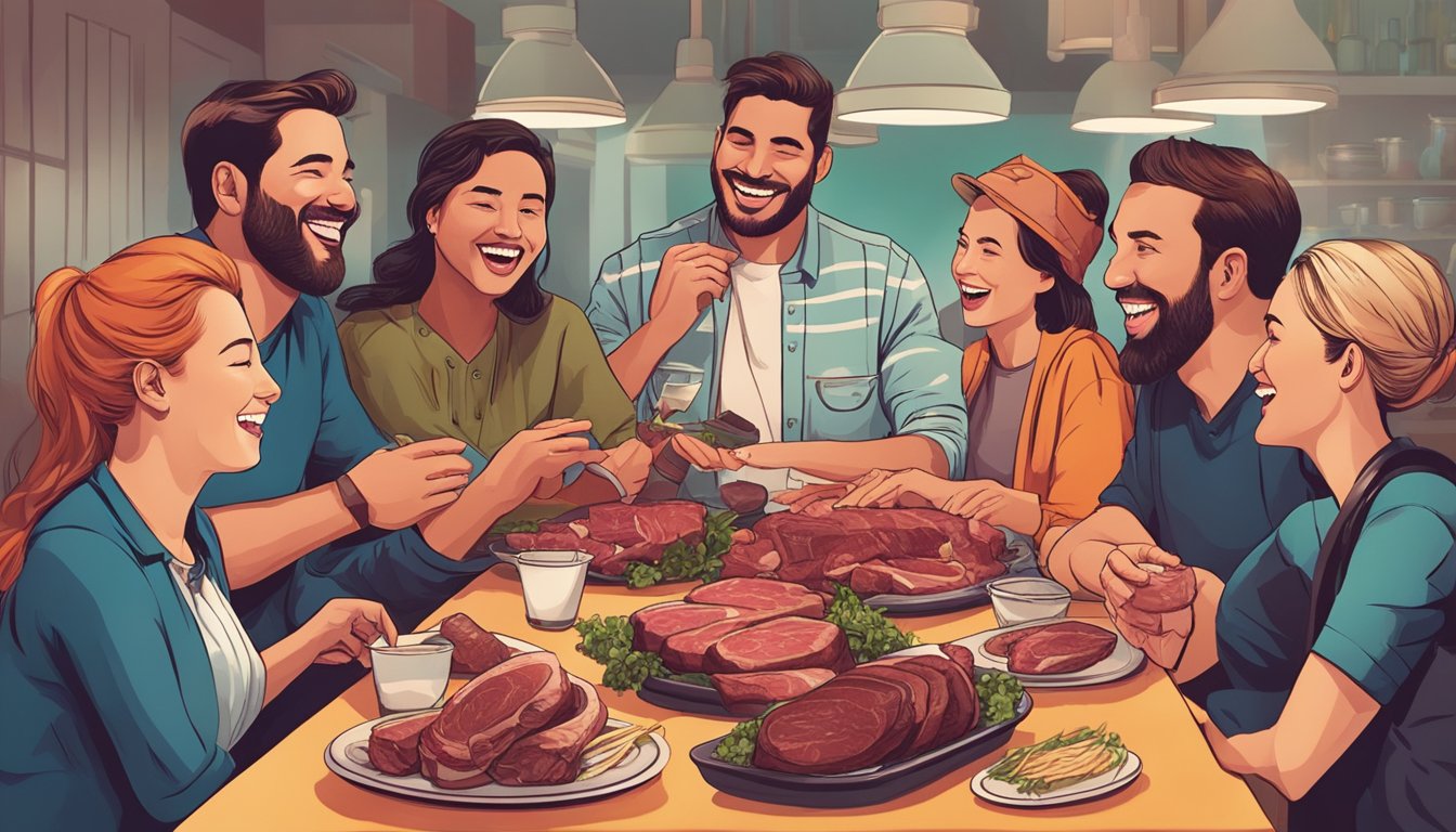 A group of people gather around a table filled with various cuts of meat, engaging in lively conversation and laughter