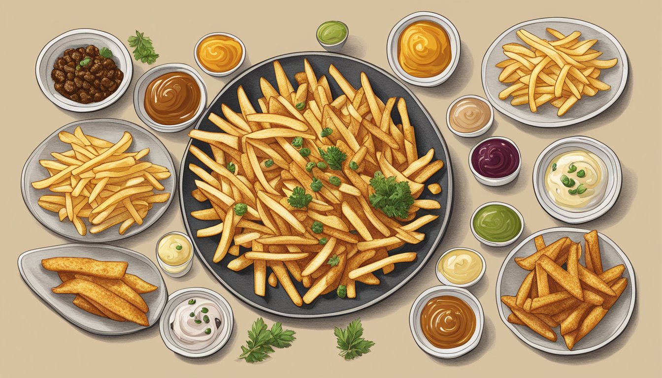 A platter of golden duck fat fries arranged with seven different types of savory toppings