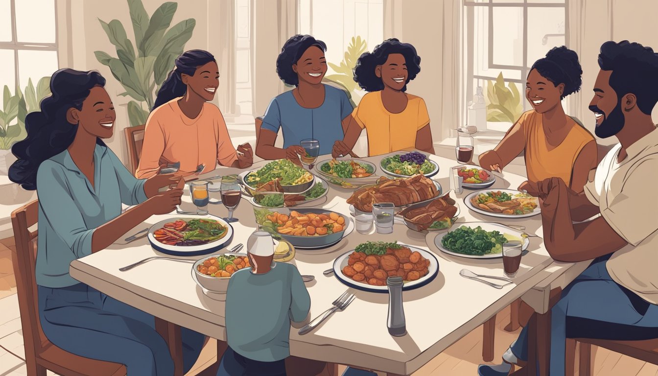 A group of friends sit around a dinner table, chatting and laughing as they enjoy a meal. The table is set with various dishes, all of which adhere to the carnivore diet