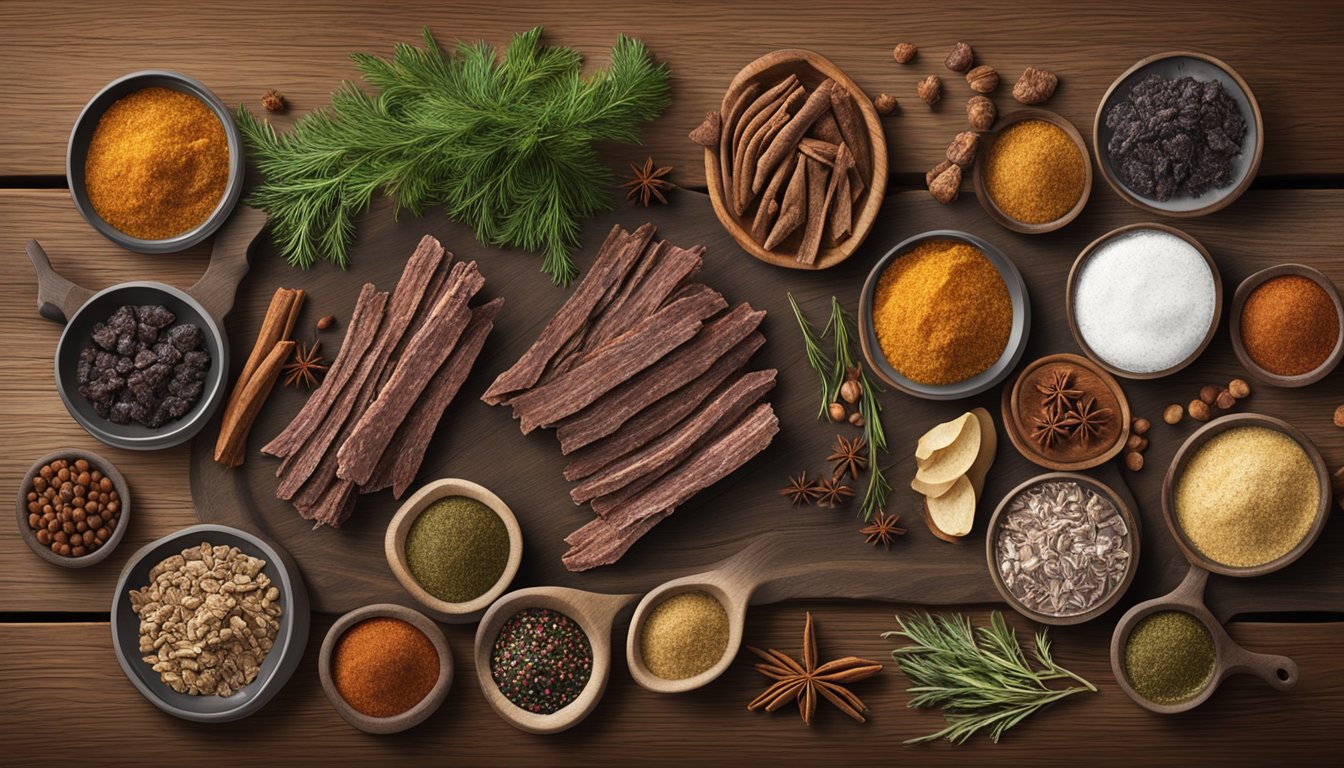 A rustic wooden table displays seven different types of venison jerky, each with unique seasonings and textures. Surrounding the jerky are various herbs, spices, and ingredients, adding to the variety of flavors