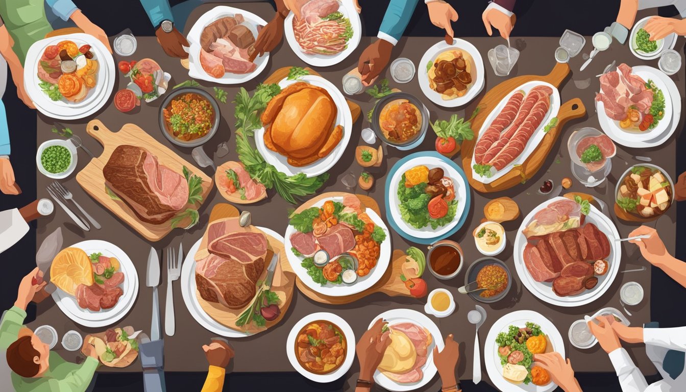 A dining table set with various meats and animal products, surrounded by people in social situations