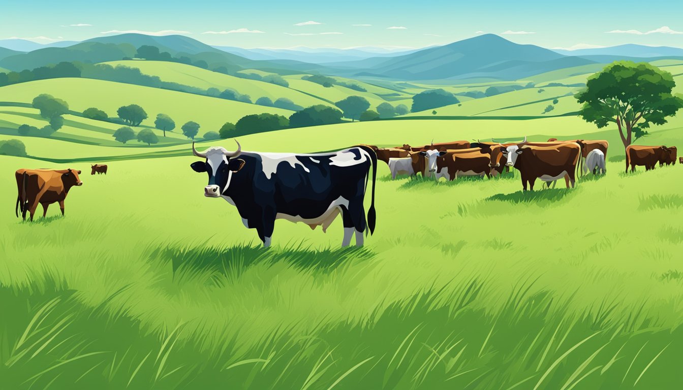 A lush green field with a grazing herd of cattle, surrounded by rolling hills and a clear blue sky