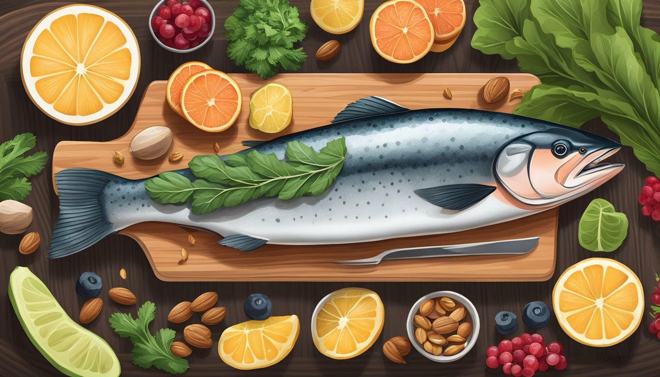 A wild-caught salmon fillet surrounded by hormone-friendly foods like leafy greens, nuts, and berries on a wooden cutting board