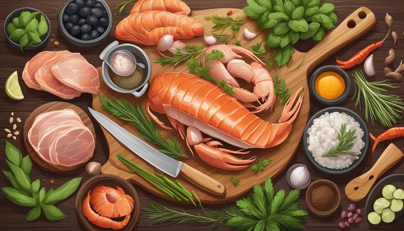 A variety of fresh meats and seafood arranged on a wooden cutting board, surrounded by vibrant herbs, spices, and cooking utensils