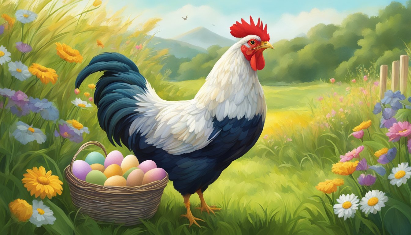 A hen standing in a lush green pasture, surrounded by colorful flowers and tall grass, with a basket of eggs nearby