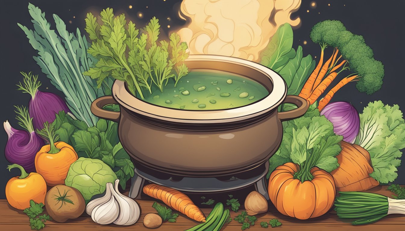 A steaming pot of bone broth surrounded by an array of colorful vegetables and herbs, with a warm, comforting glow emanating from the simmering liquid