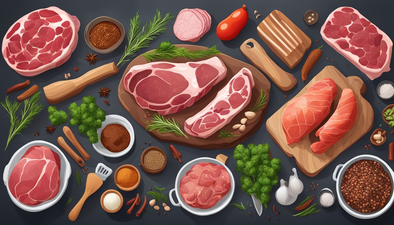 A butcher's table with various organ meats arranged in different ways: heart, liver, kidneys, and more, surrounded by cooking utensils and spices