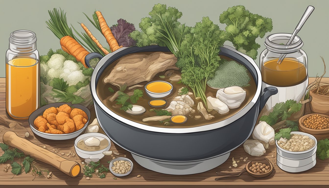 A simmering pot of bone broth surrounded by various joint health supplements and raw carnivorous ingredients