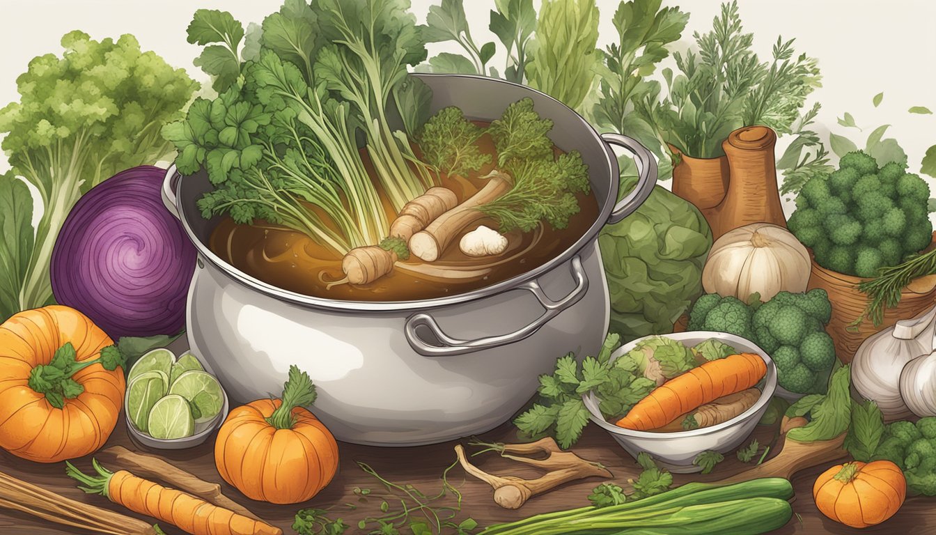 A simmering pot of bone broth surrounded by an assortment of fresh vegetables and herbs, steam rising from the rich, golden liquid