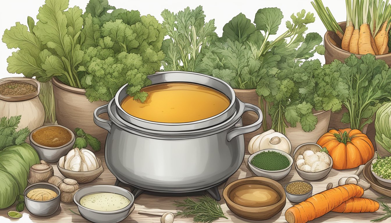 A simmering pot of bone broth surrounded by various ingredients like vegetables and herbs, exuding a comforting aroma