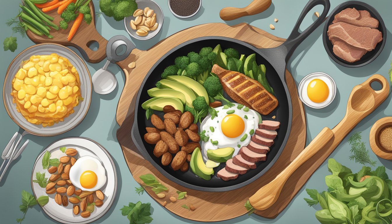 A sizzling skillet with duck fat-cooked meats and vegetables, surrounded by hormone-friendly foods like eggs, avocado, and nuts