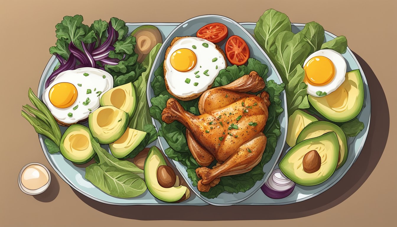 A plate of grilled chicken thighs surrounded by hormone-friendly foods like leafy greens, avocados, and eggs