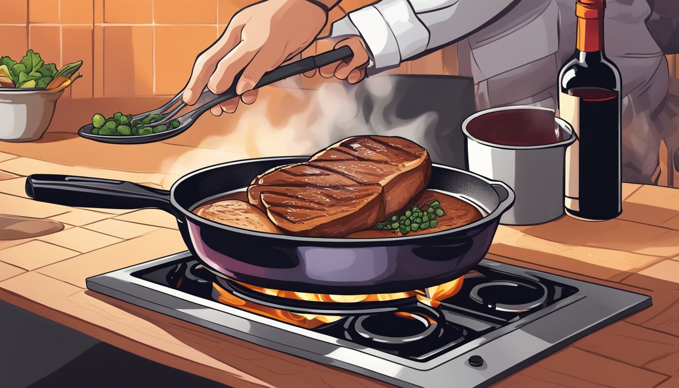 A sizzling duck breast is being seared in a hot pan, while a rich red wine reduction simmers on the stove nearby