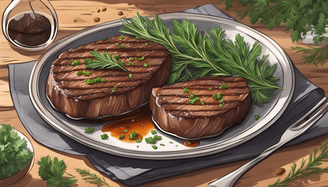 A sizzling venison steak on a plate, drizzled with juniper sauce, surrounded by fresh herbs and spices