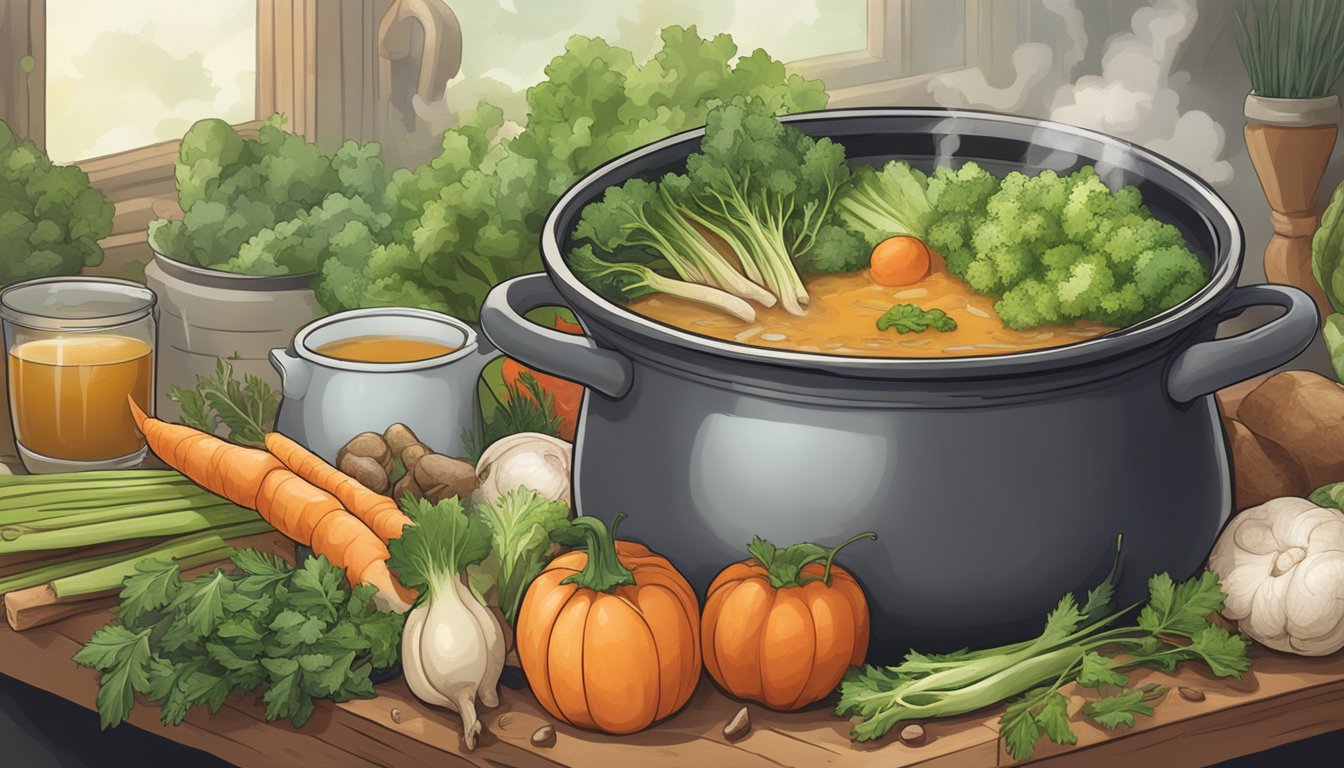 A steaming pot of bone broth surrounded by fresh vegetables and herbs, with a carnivorous animal nearby