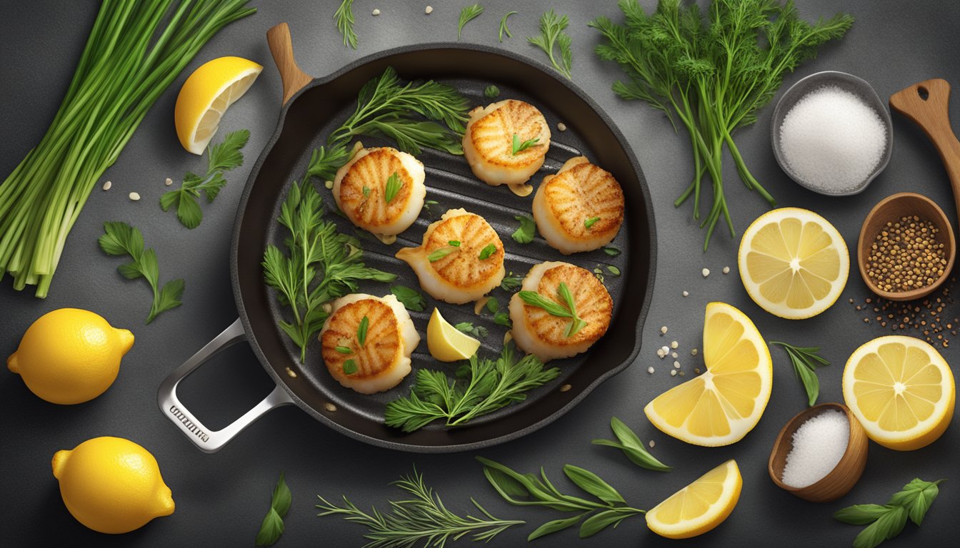 A sizzling skillet holds golden-brown scallops with a hint of lemon, surrounded by fresh herbs and spices