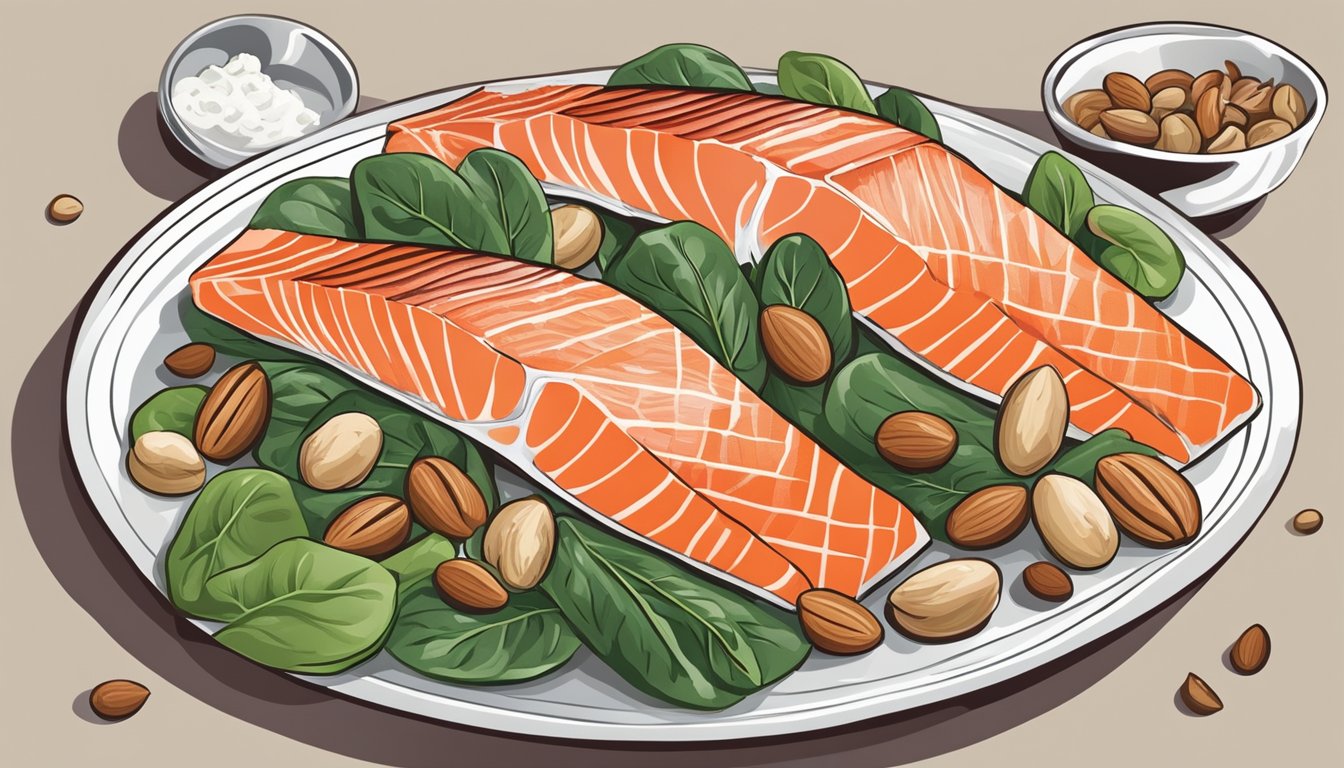 A plate with salmon, spinach, nuts, and other thyroid-healthy foods arranged in an appealing manner