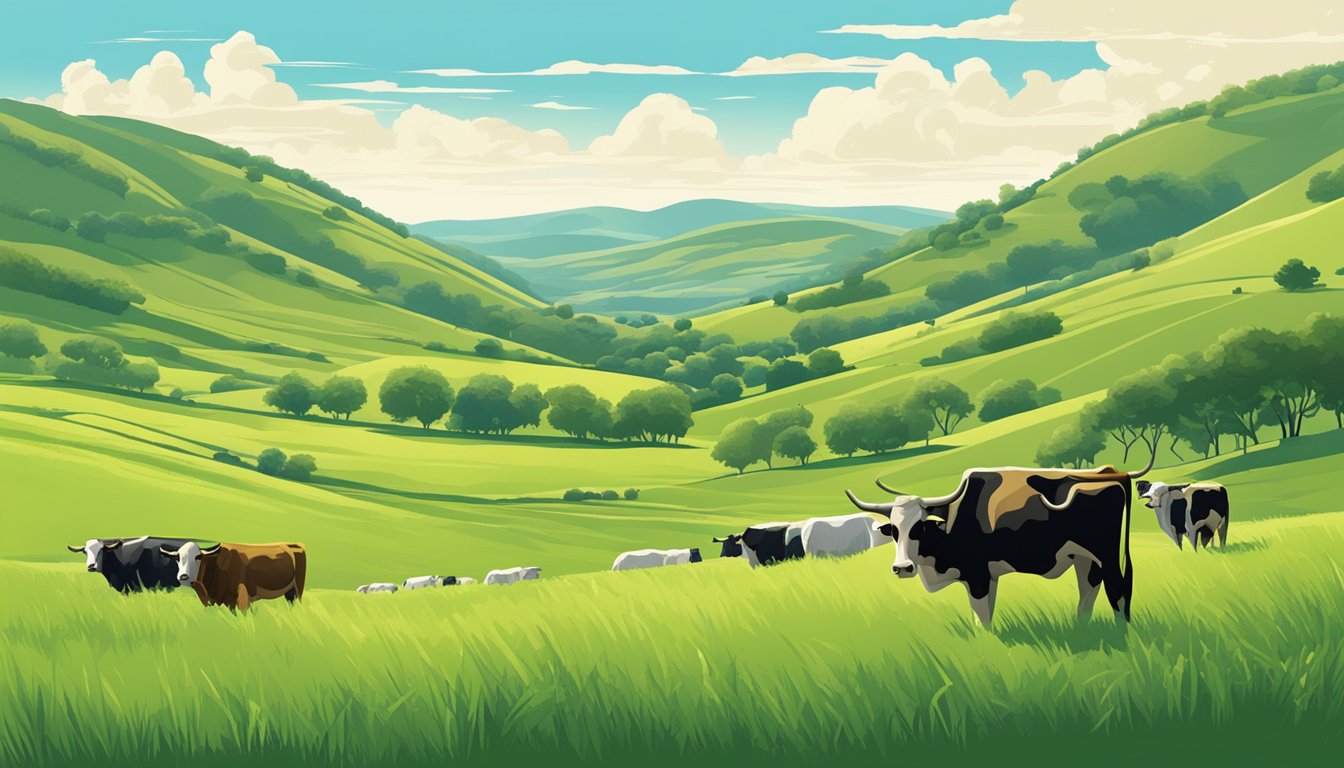 A lush green pasture with grazing cattle, surrounded by rolling hills and clear blue skies